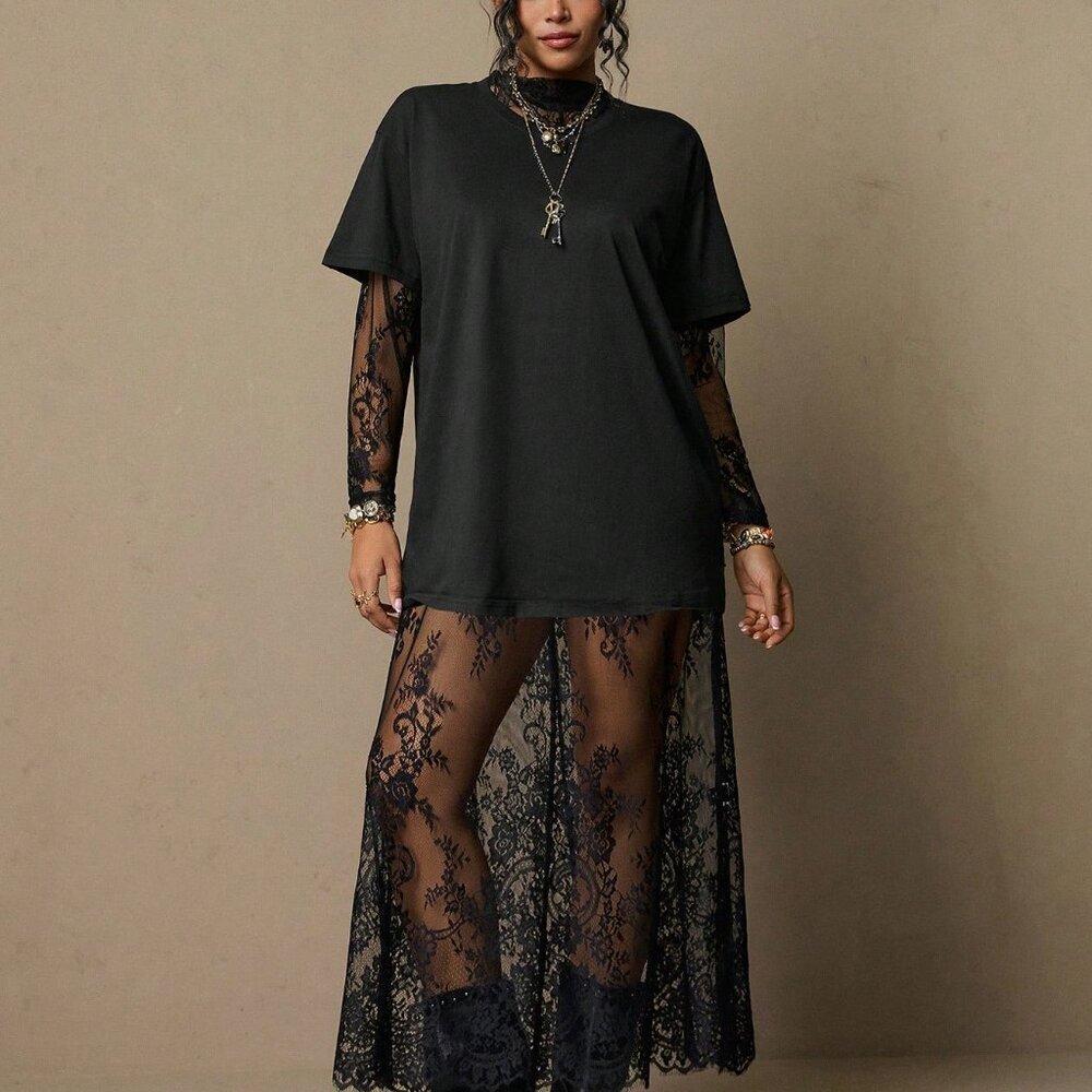 Black Boho Women's Elegant Plus Size Lace Maxi Dress - Picture 7 of 8